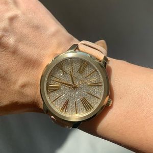 MICHAEL KORS Gold & Glitter Face Watch, with Rose Gold-Tone Leather Strap